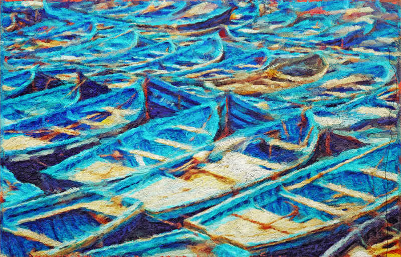 原始船只油画特写