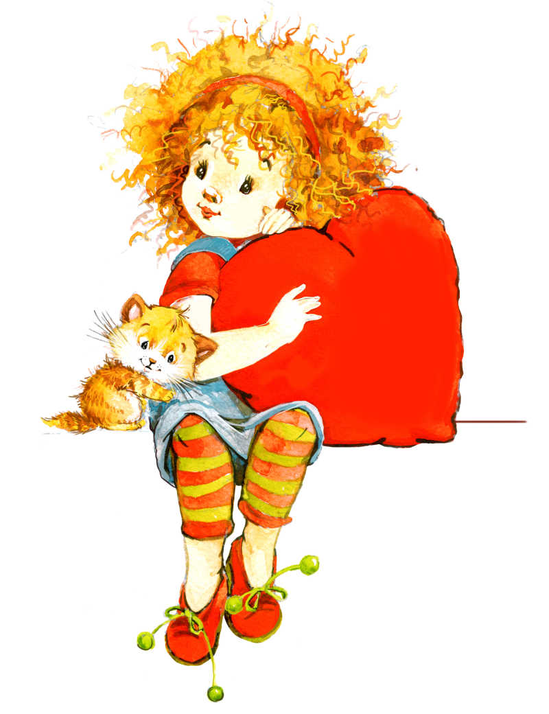 插画上抱着抱枕的女孩