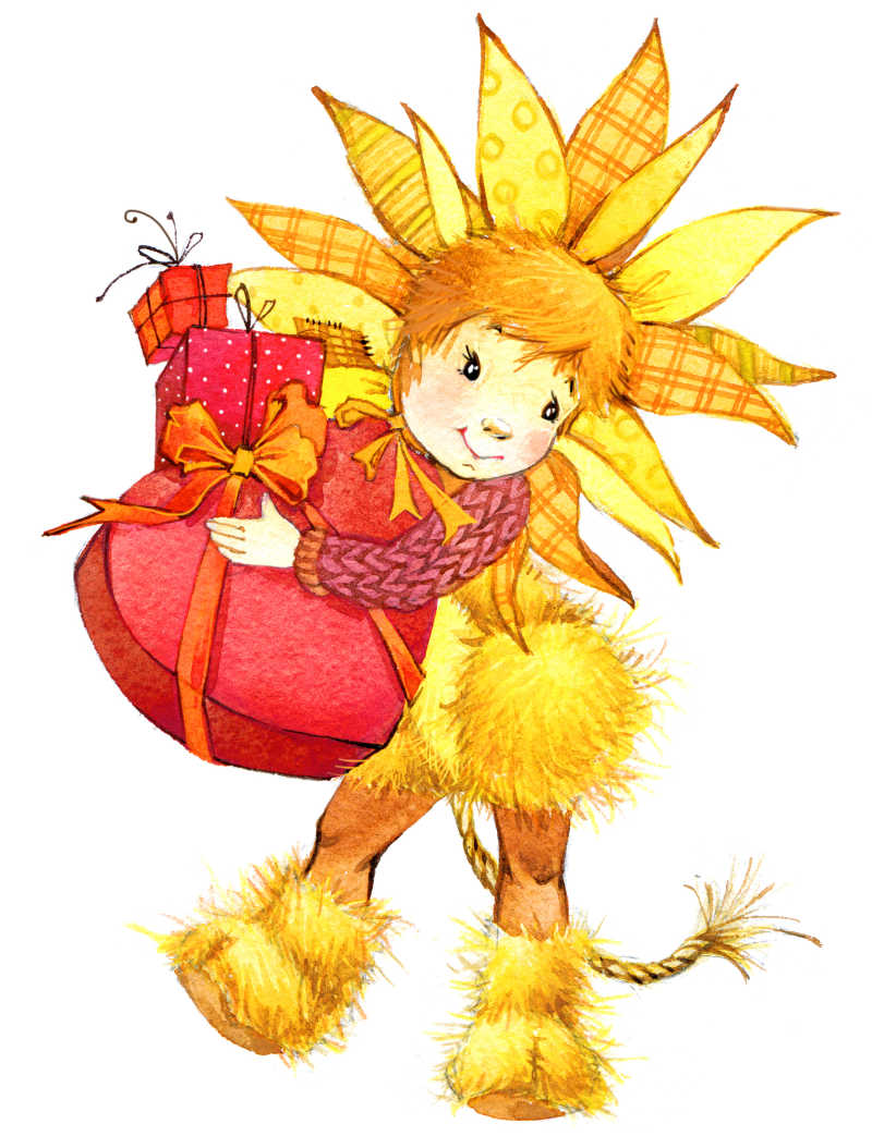 水彩画上扮成小狮子抱着礼物的儿童