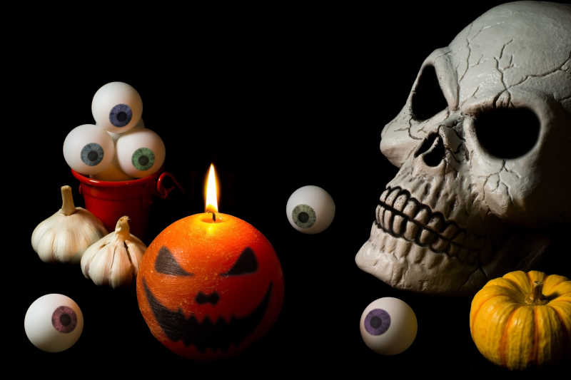万圣节的南瓜灯和头骨特写