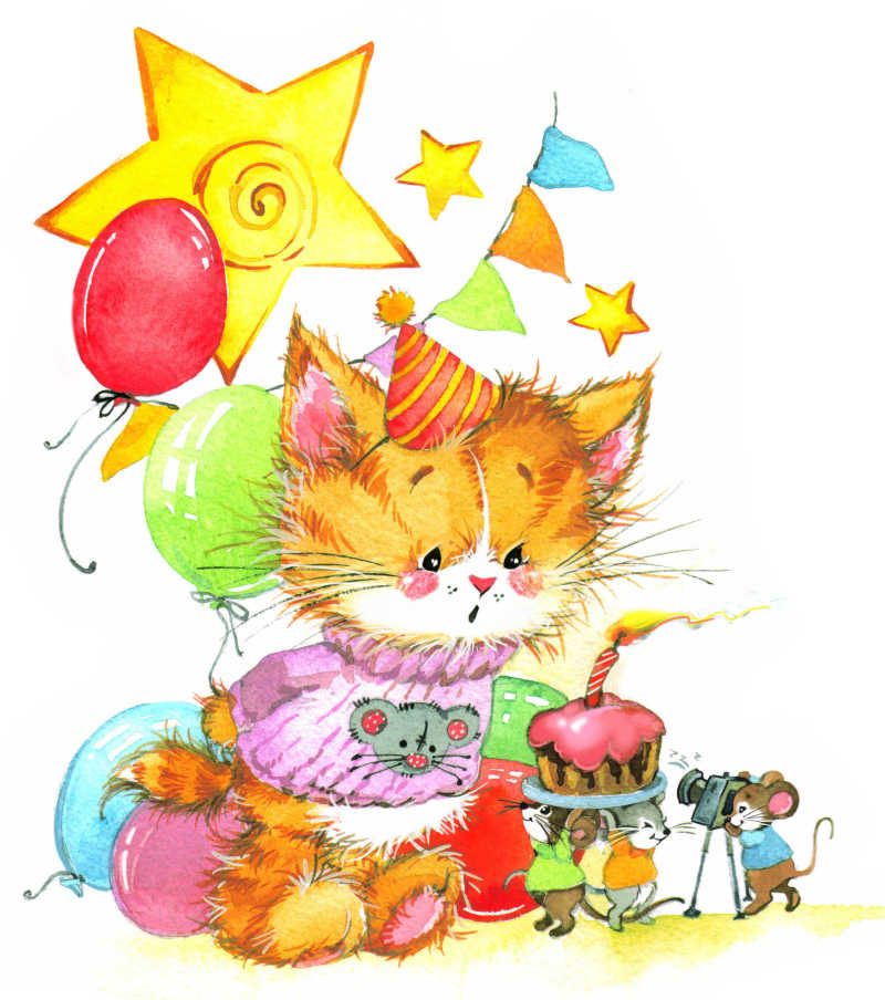 两只老鼠给猫咪过生日插画