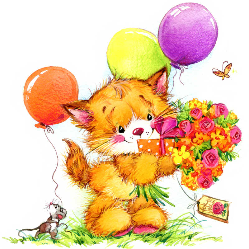 抱着鲜花拉着气球的猫咪插画