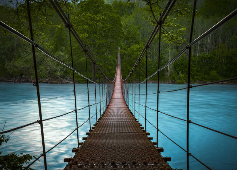 森林里蓝色河流上钢悬索桥景观