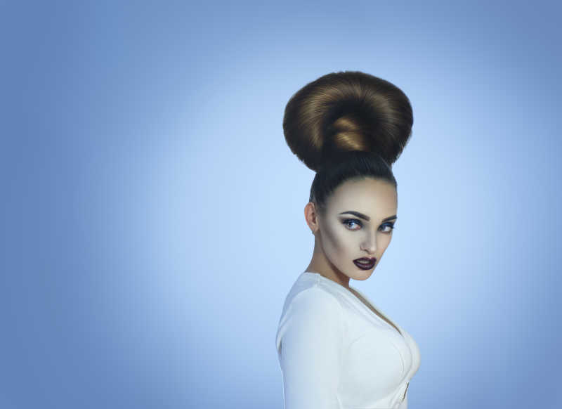 蓝色背景下有美丽发型的画着浓妆穿着白衣服的女人