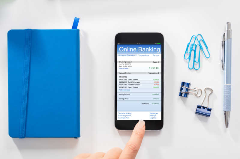 手指和显示网上银行页面的手机特写