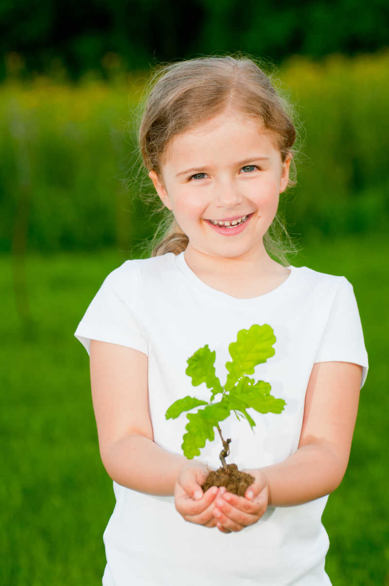 可爱的女孩手捧一颗橡树