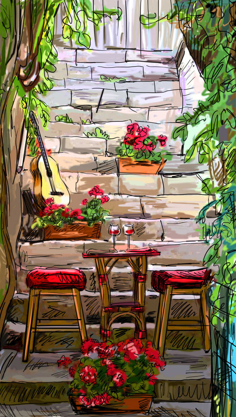 小提琴与餐桌等插画