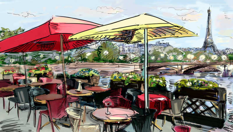 手绘巴黎休闲场所