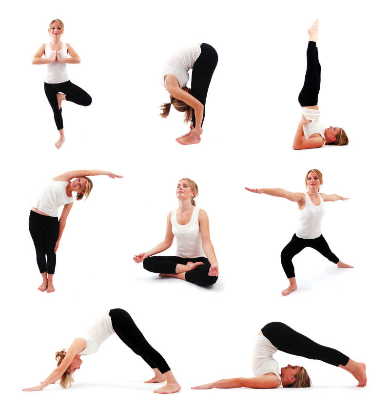 在白色背景下一个美丽女孩练习瑜伽