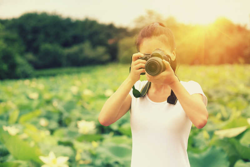 公园盛开的荷花背景前的女摄影师