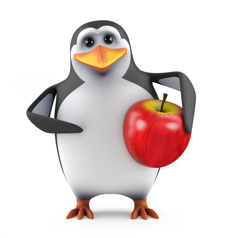 拿着苹果的卡通企鹅