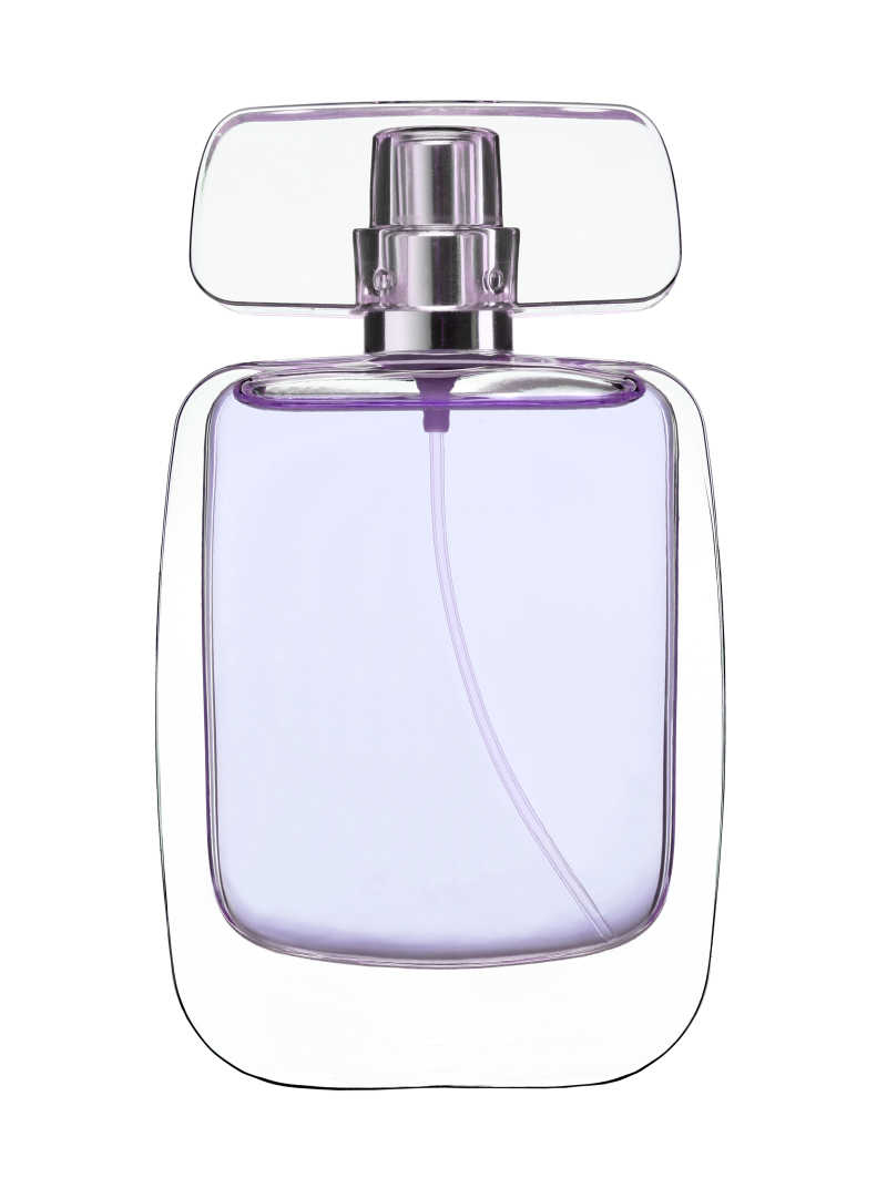 白色背景下的蓝色香水液