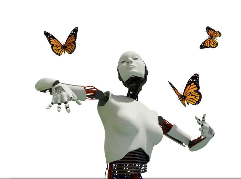 白色背景下机器人和蝴蝶
