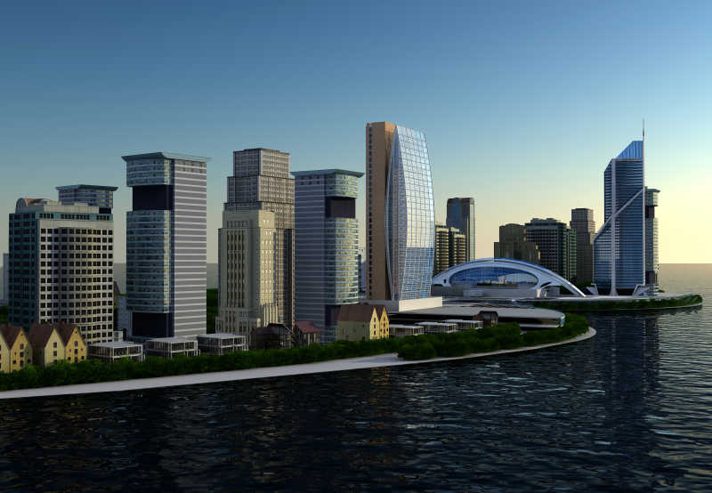 海边摩天大楼的现代城市