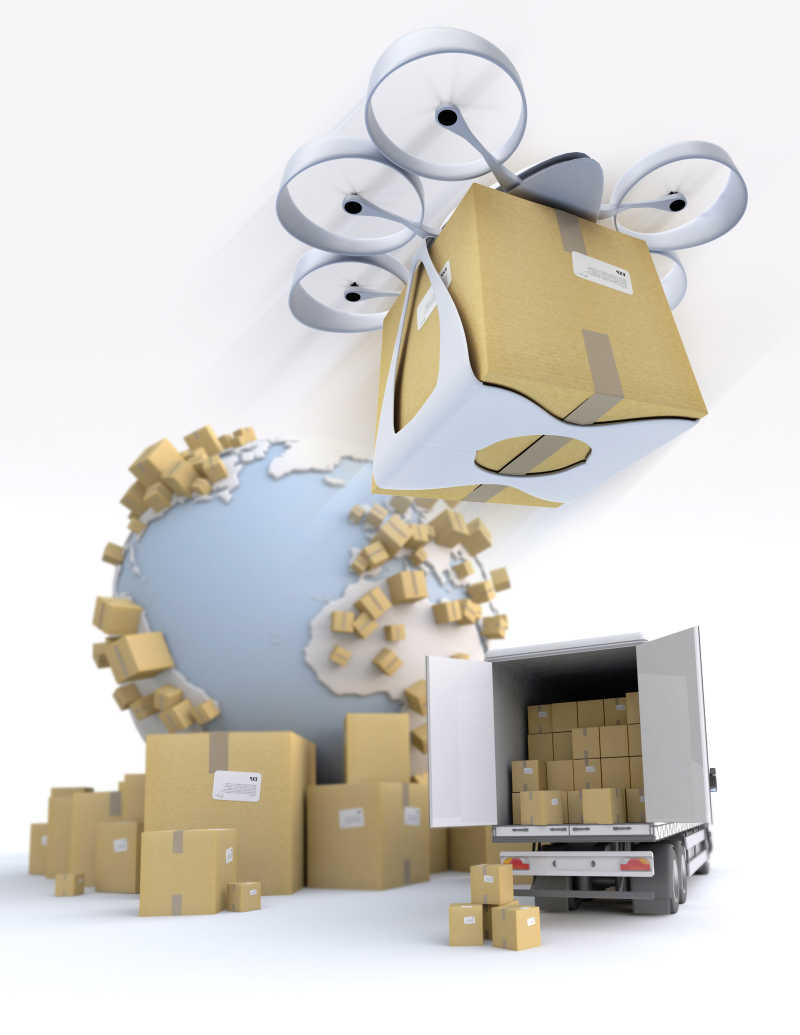 一辆装载着一个包裹的飞行雄蜂的卡车