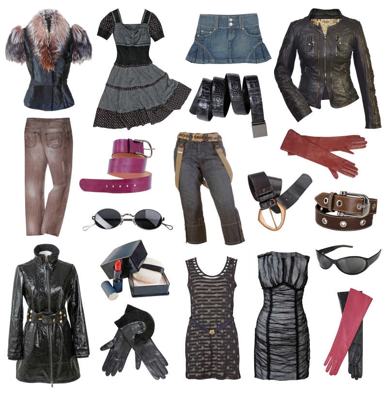 白色背景上的深色系女士服装与配件