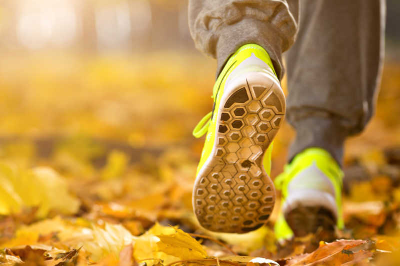 秋天的道路上跑步鞋特写