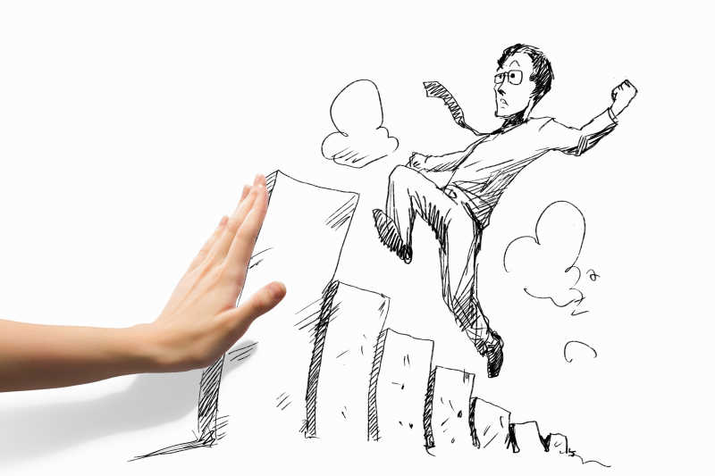 一只手扶着男人跳的石头和插画互动