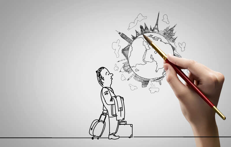 女人笔下画着男人拖着行李望着另一个繁华的星球