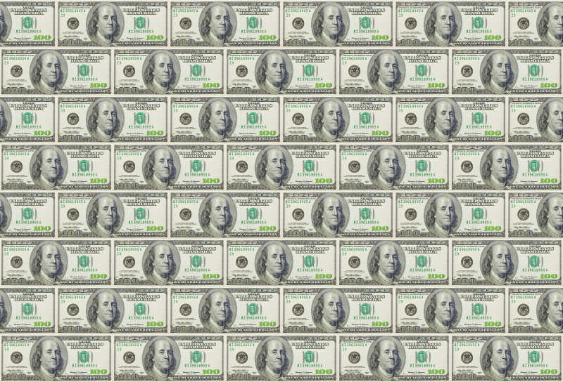 许多美元拼成的纸墙