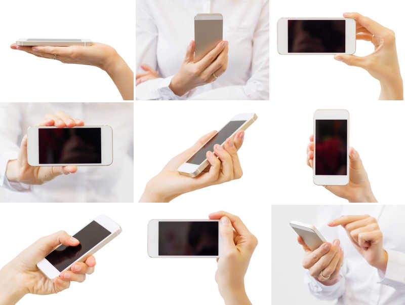 白色背景下女人拿着手机全方位展示