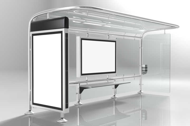 灰色背景下的有空白广告牌的车站框架