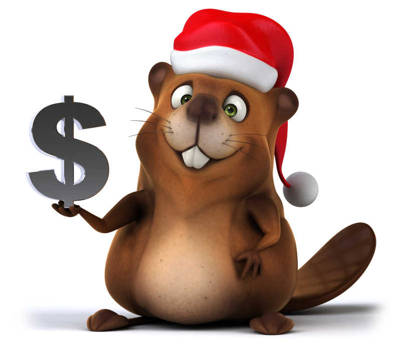 白色背景下戴着圣诞帽的动漫海狸