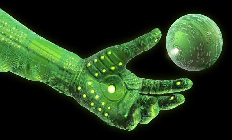 黑色背景下机器人手伸向数据球