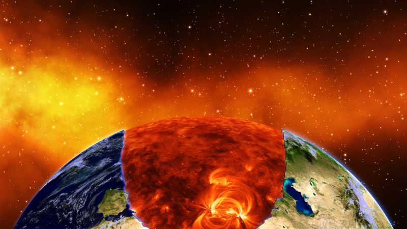 红色的星空背景下燃烧的地球内部景象