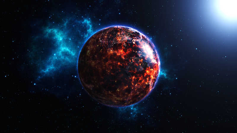 黑色太空中燃烧的黑红色地球