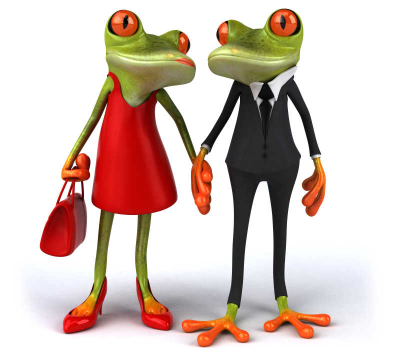 穿黑色西服和红色群子的青蛙
