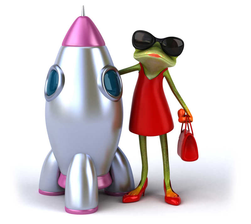 穿着红裙戴墨镜的青蛙在火箭模型旁