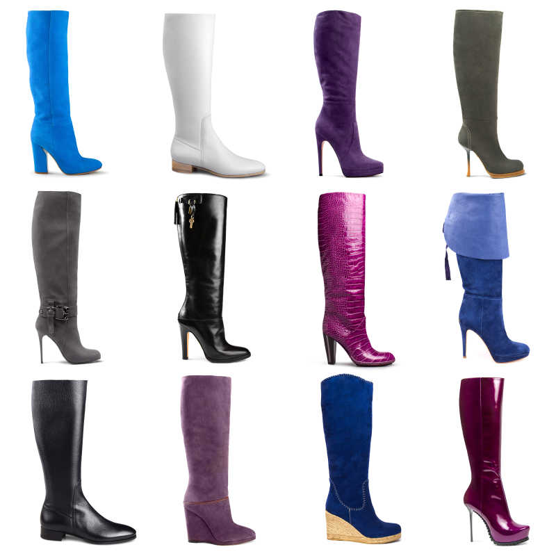 白色背景下各种款式的女士皮靴