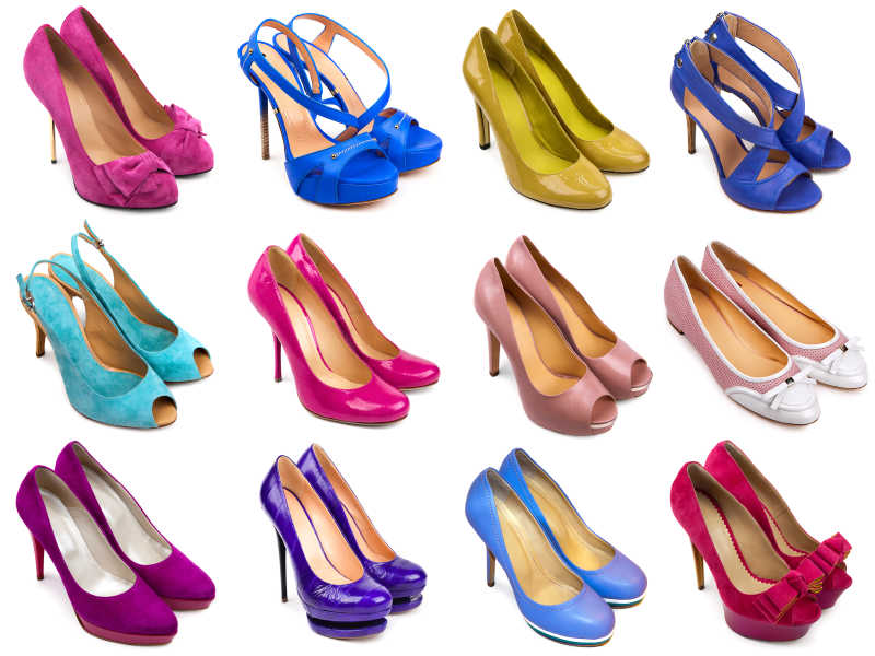 白色背景下的各式女士高跟鞋