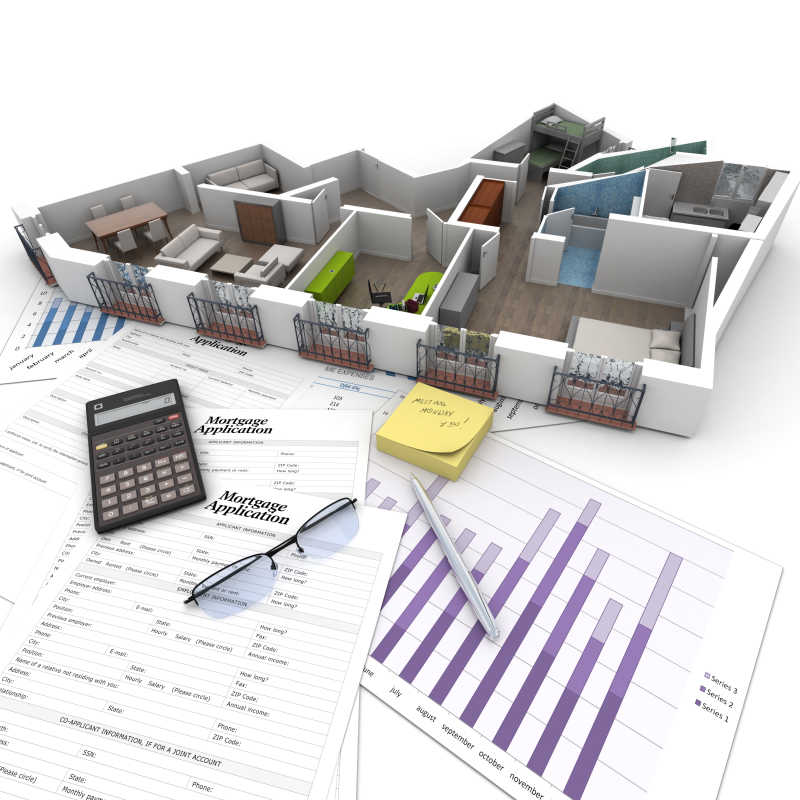 建筑办公写字楼模型和桌上的横截面上面有抵押申请表计算器蓝图等