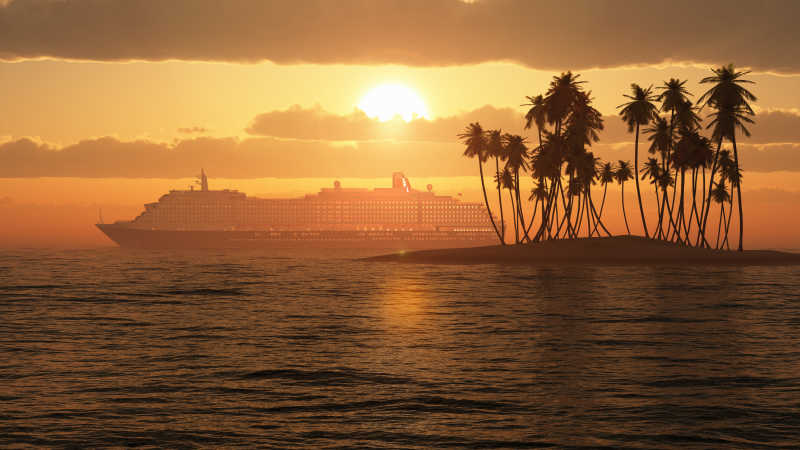 日落晚霞下的模糊游轮