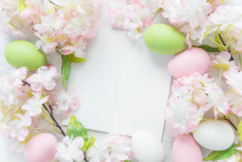 白色背景上的彩蛋樱花和空白纸片