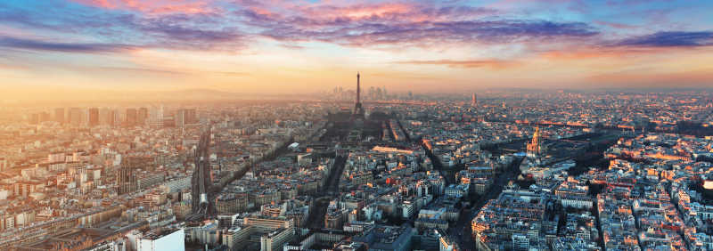 日出-日落景色下鸟瞰巴黎全景