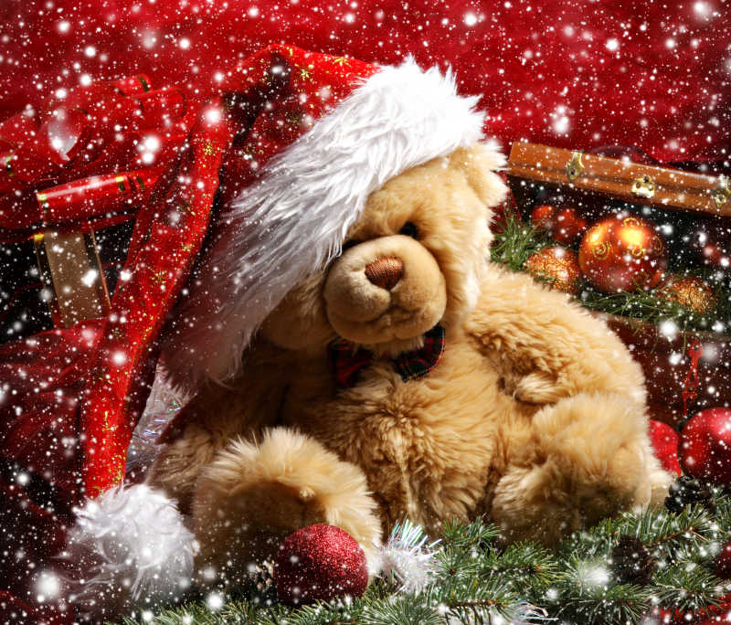 圣诞节里戴着圣诞帽的泰迪熊