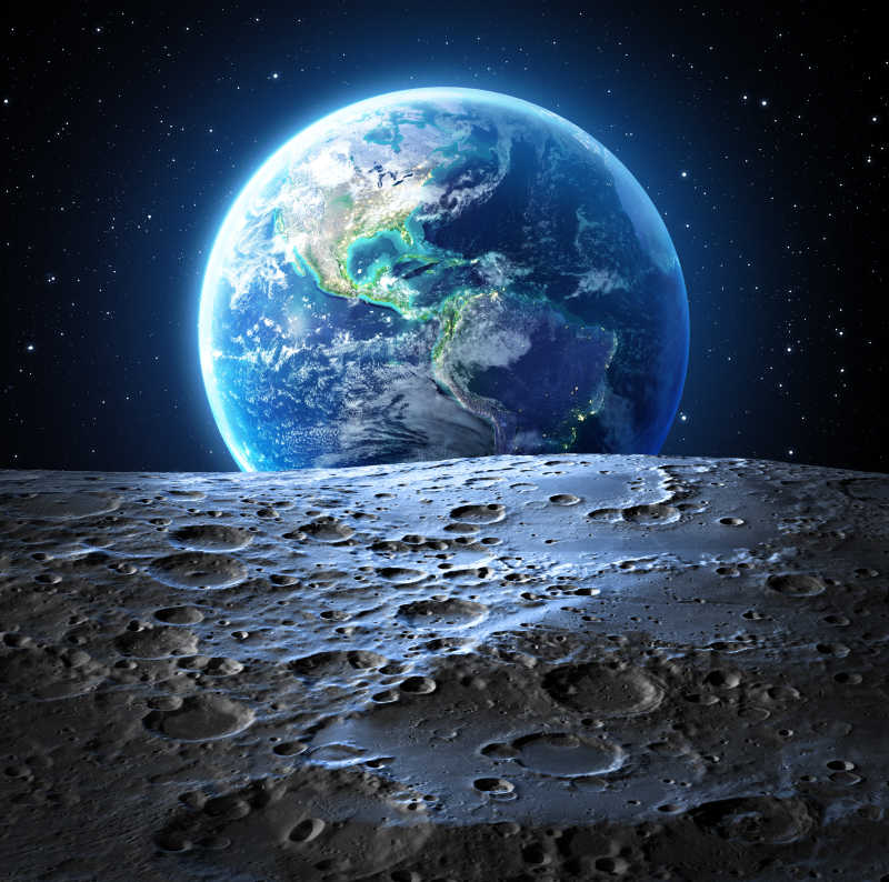 月球表面与蓝色地球
