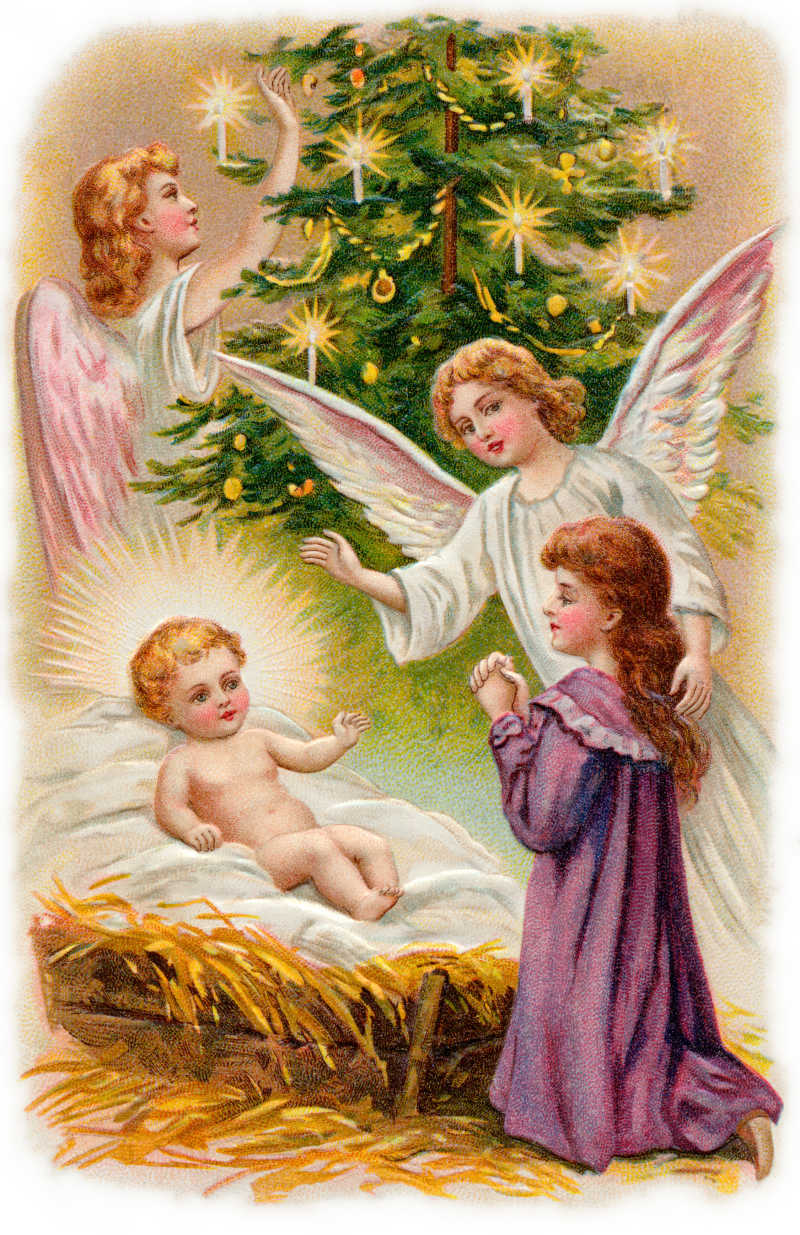 天使围绕着基督的孩子图片 一个美丽的少女在天使带领下膜拜天使婴儿插图素材 高清图片 摄影照片 寻图免费打包下载