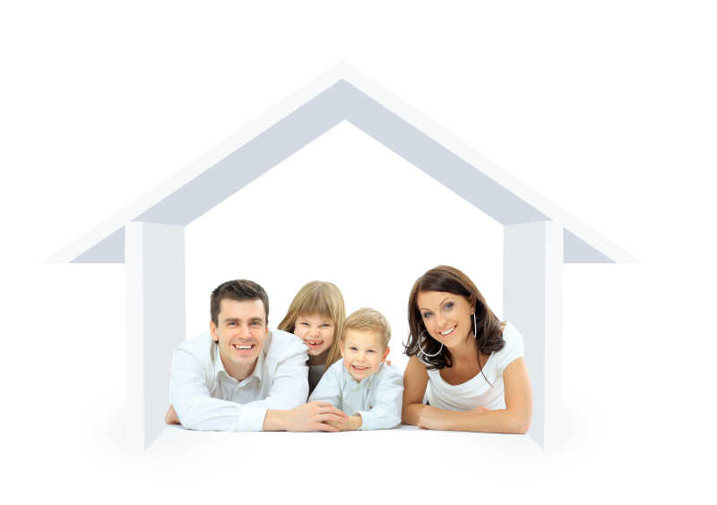 白色背景3d房子里的家庭