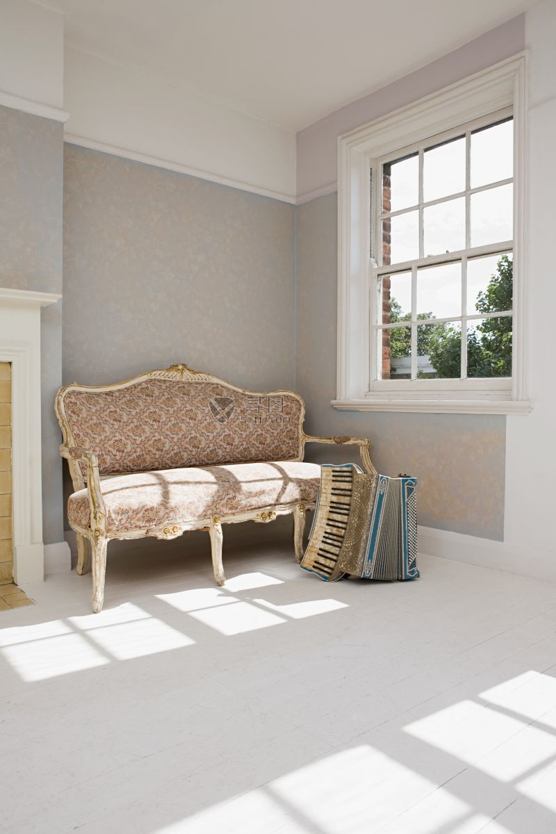 室内的窗户边上的手风琴和沙发