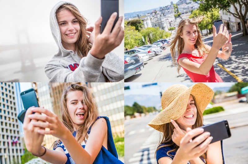 女孩户外街头自拍拼贴