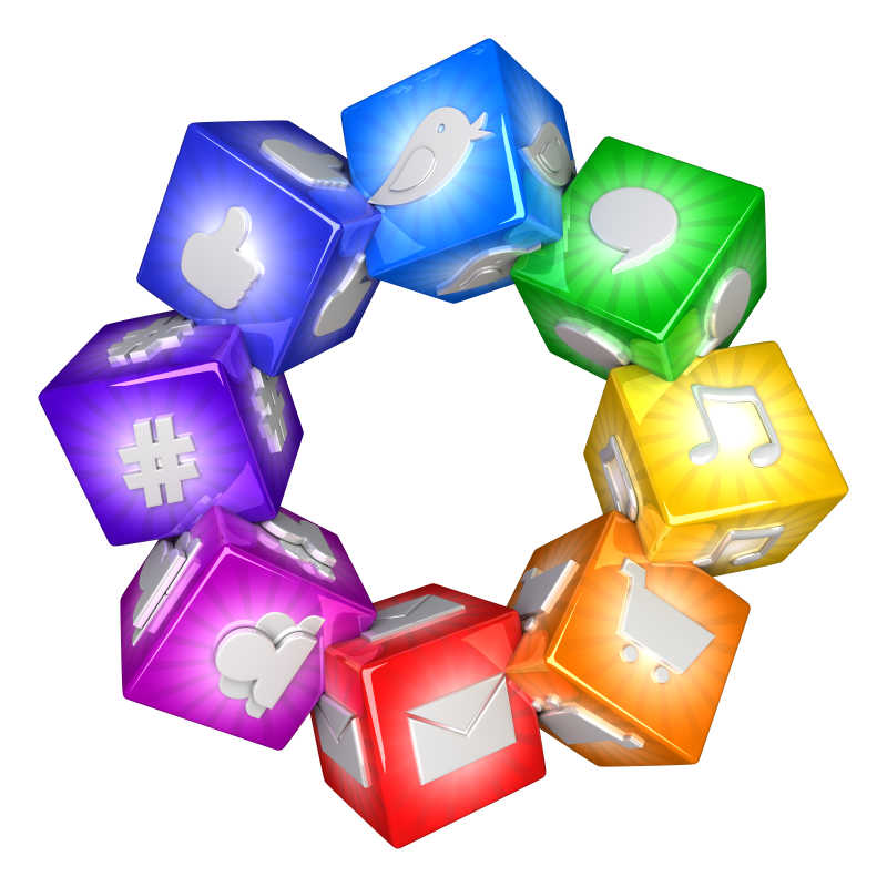 白色背景下组成八边形的不同颜色的社会媒体符号方块