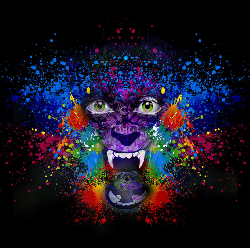 黑色背景下恐怖的肉食动物面部平面设计