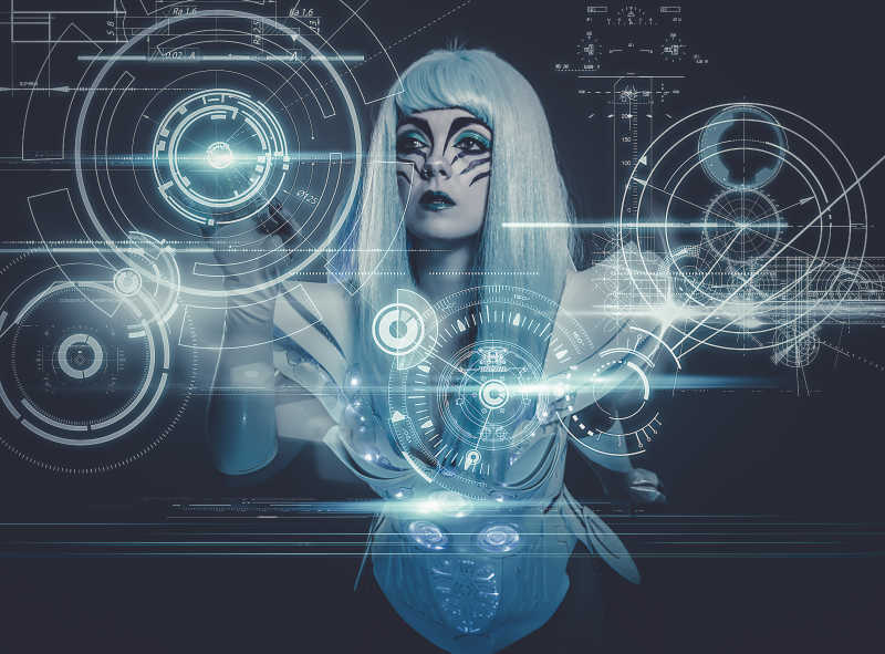 控制未来灯光面板和未来仪表的电信女性