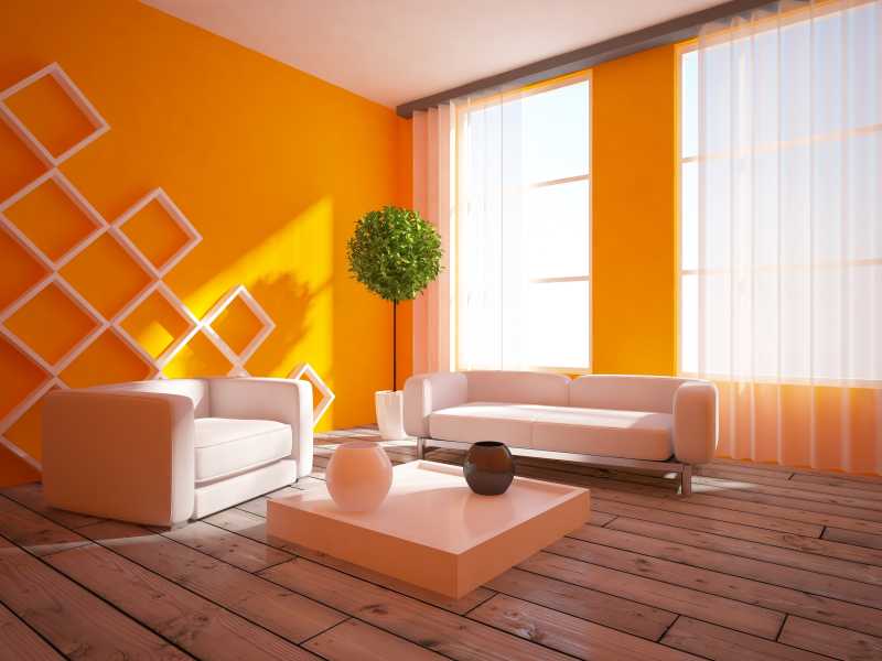 橙色的室内有白色的家具