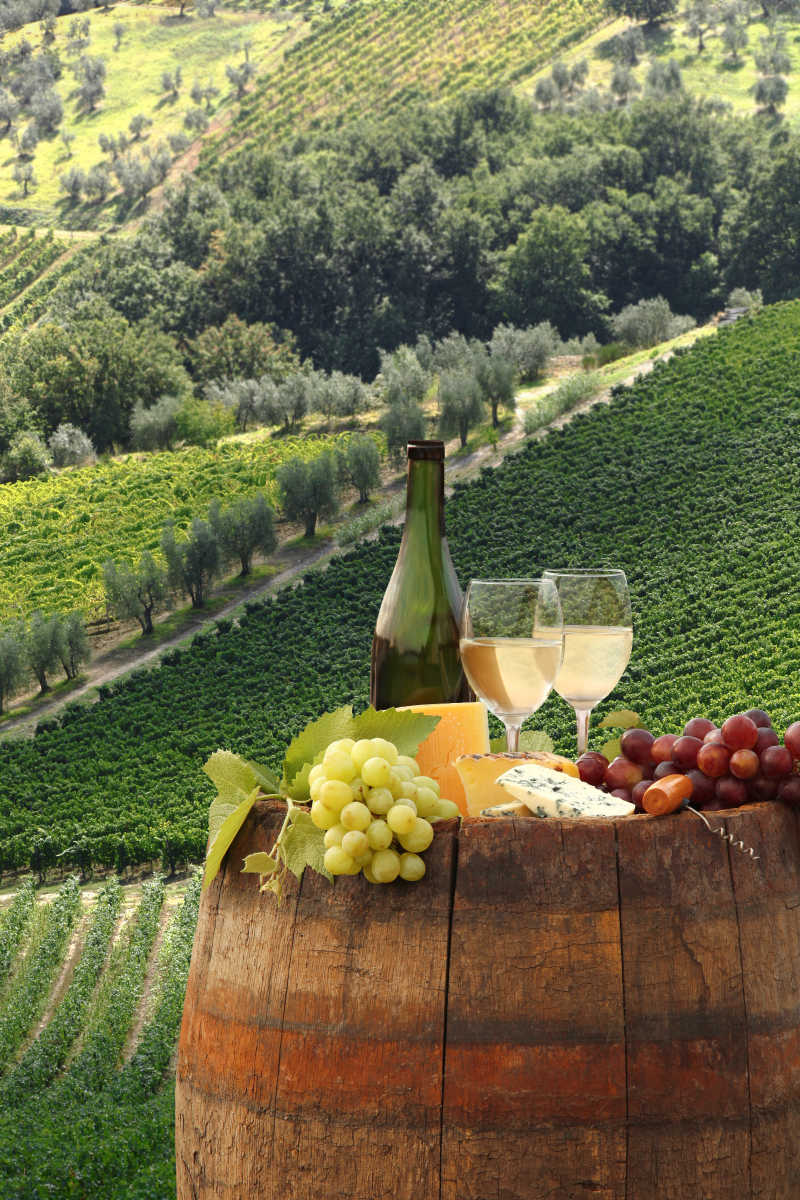 酒桶上的奶酪葡萄和葡萄酒