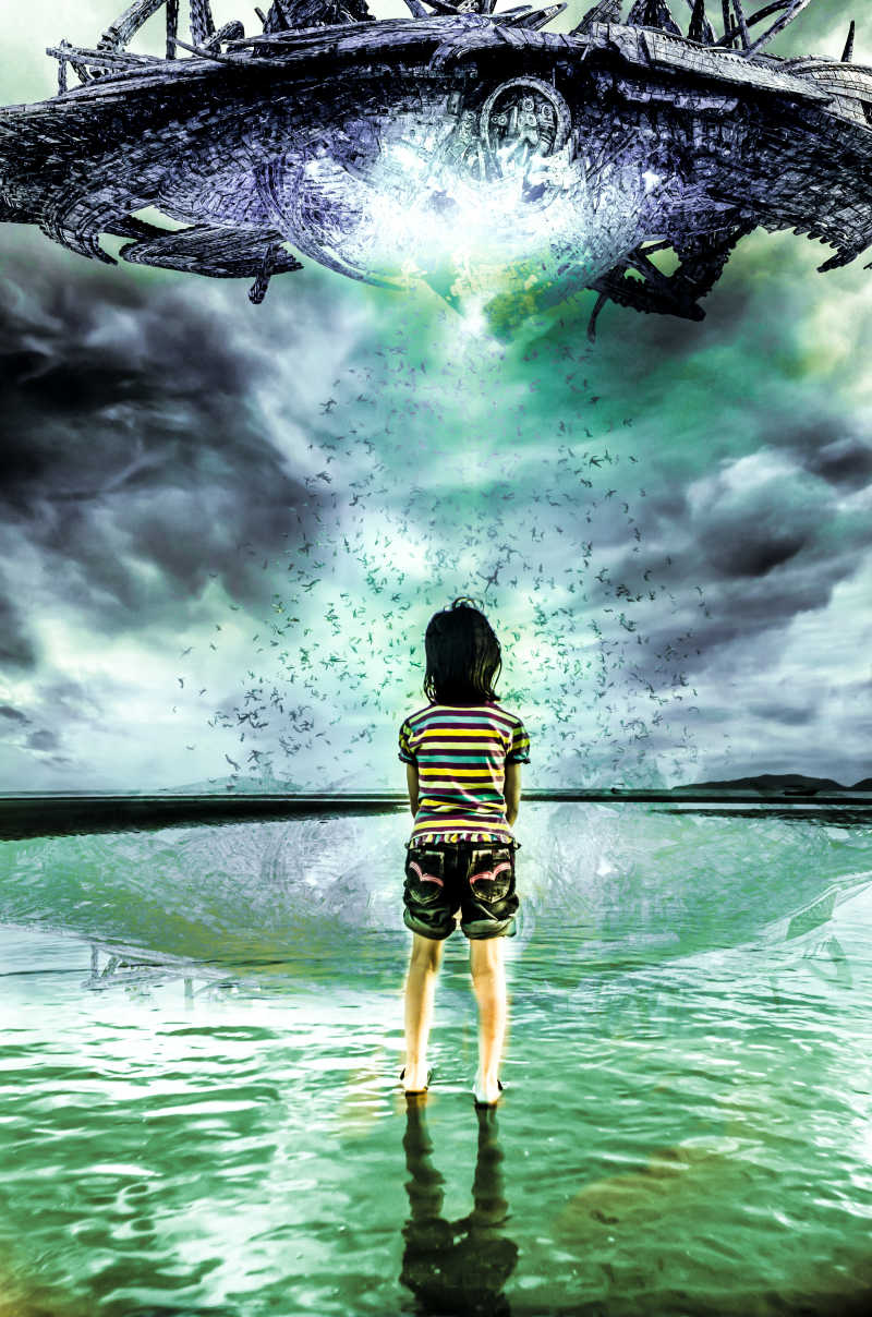 站在恐怖世界中的小女孩插画